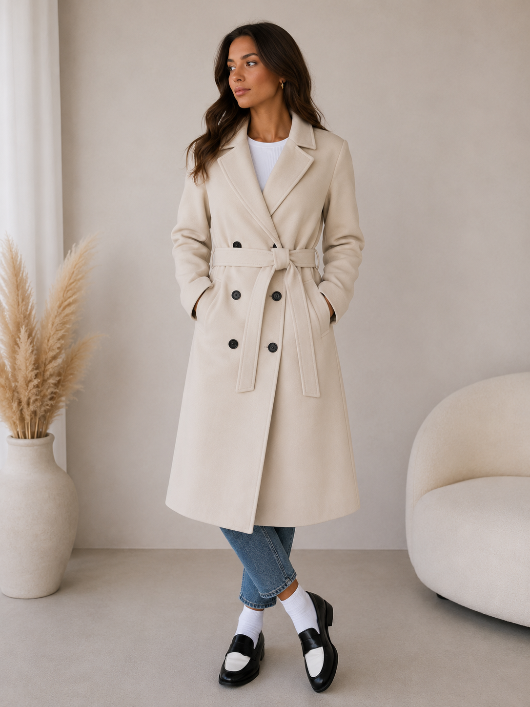 Women's Double-Breasted Long Coat, Belted with Notched Lapels