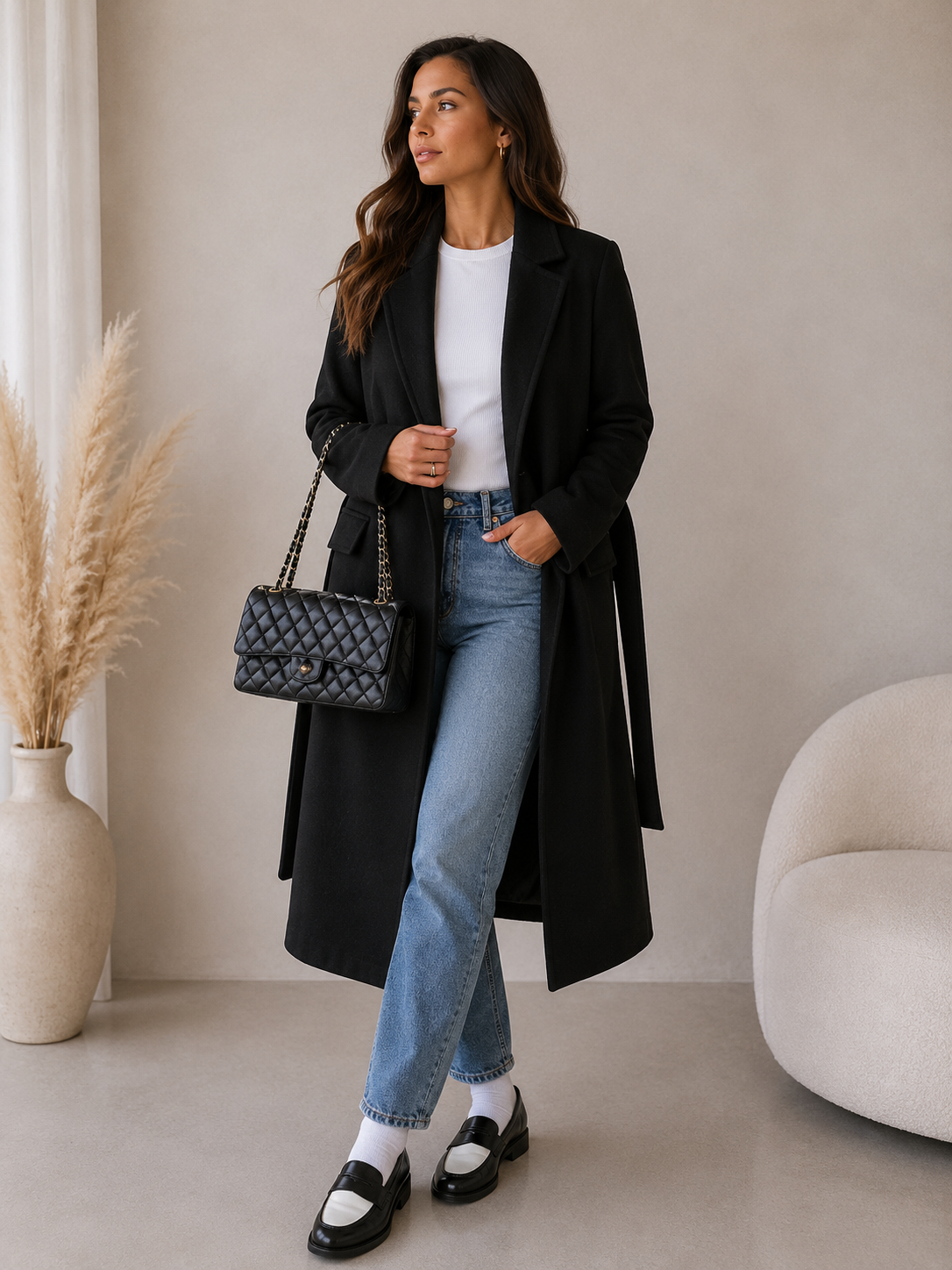 Women's Double-Breasted Long Coat, Belted with Notched Lapels
