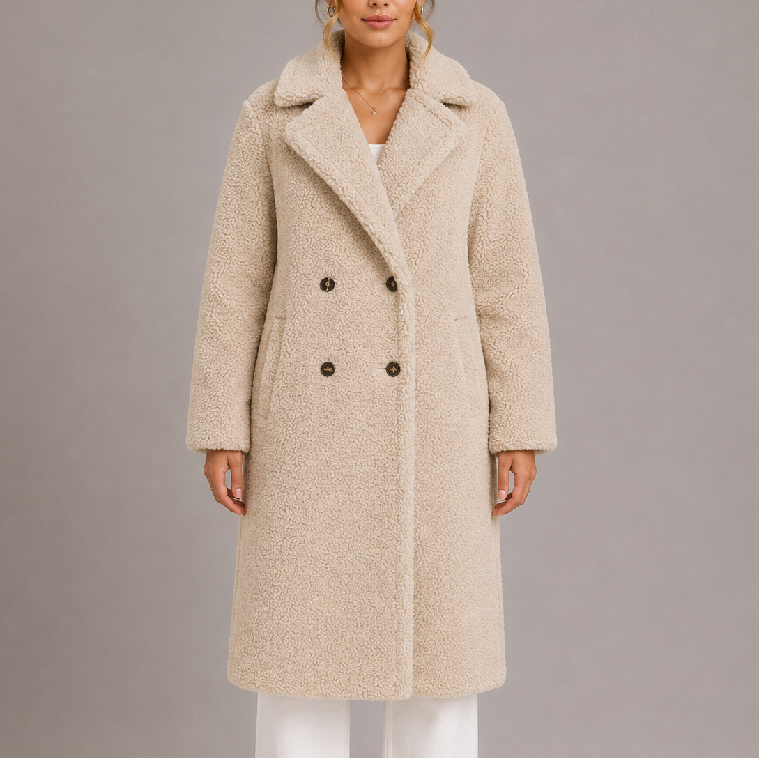 Women's Long Teddy Coat – Double-Breasted Faux Fur