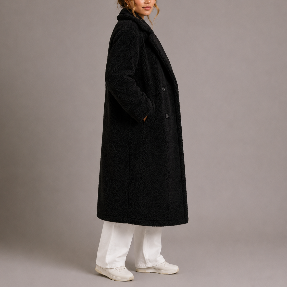 Women's Long Teddy Coat – Double-Breasted Faux Fur