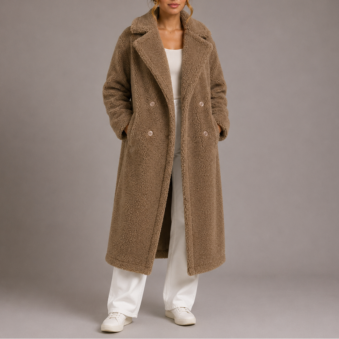 Women's Long Teddy Coat – Double-Breasted Faux Fur