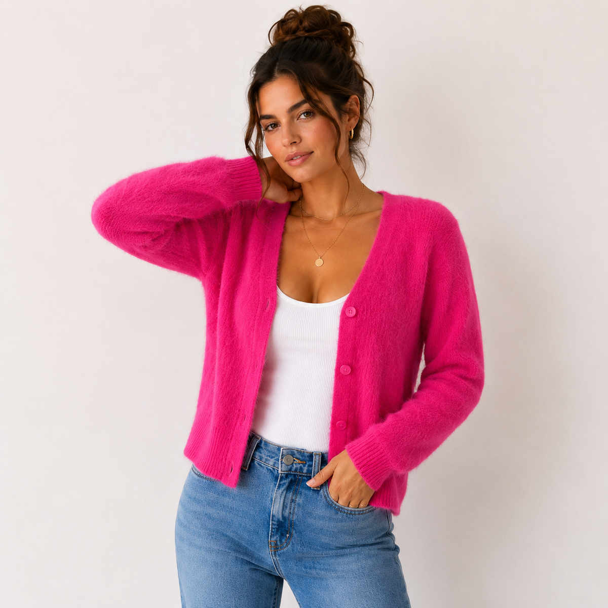 Women's Fuzzy Cardigan, V-Neck Button Front with Ribbed Trim