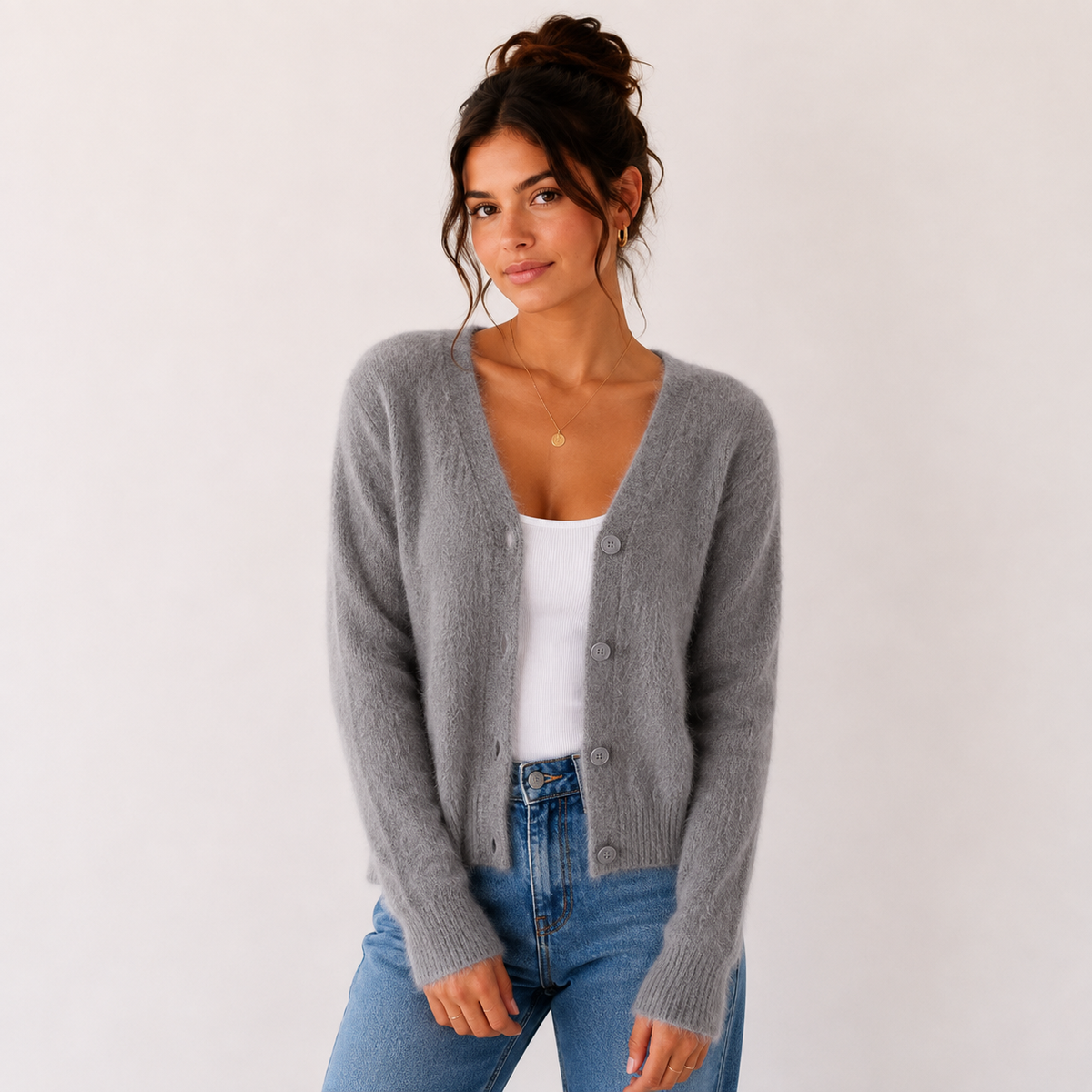 Women's Fuzzy Cardigan, V-Neck Button Front with Ribbed Trim