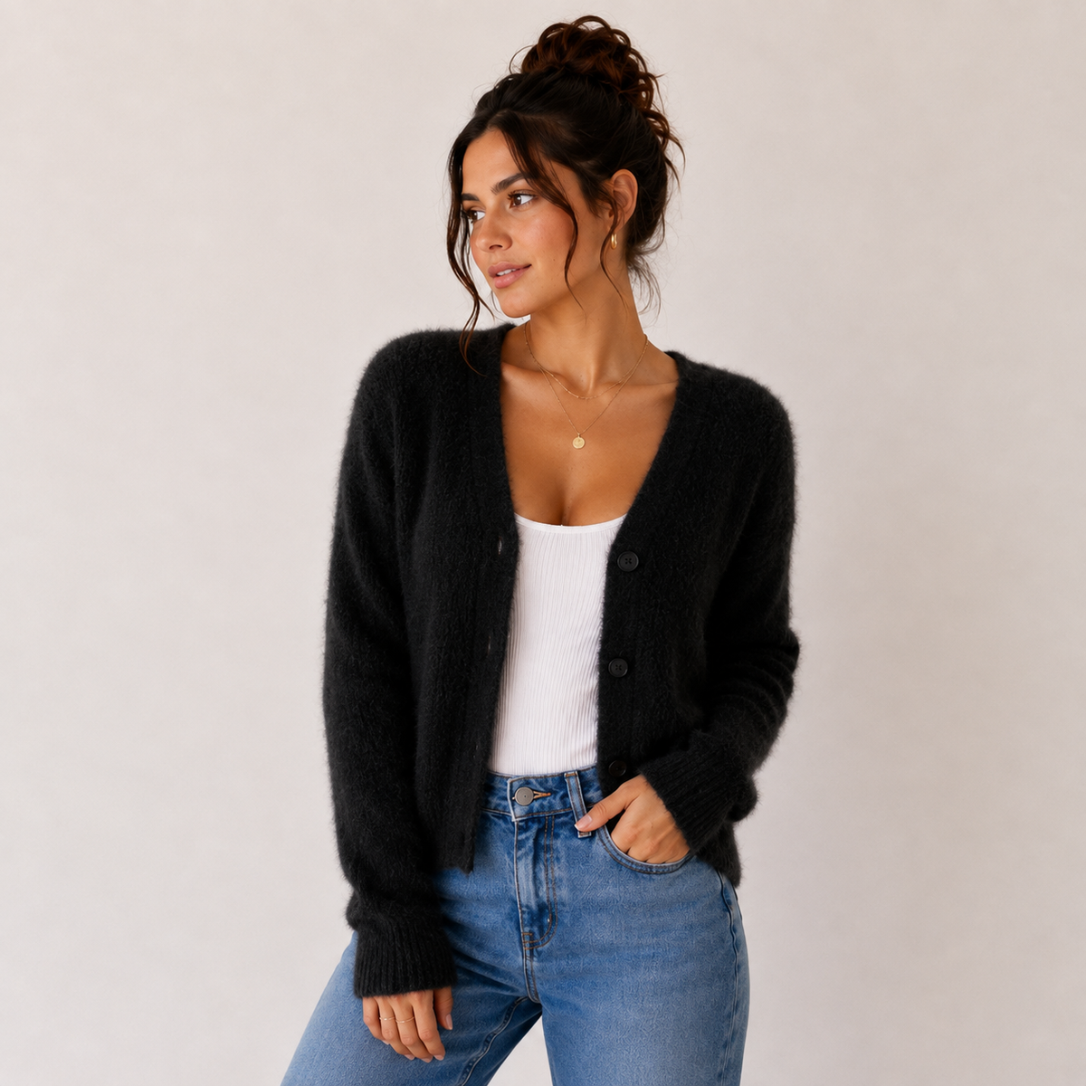 Women's Fuzzy Cardigan, V-Neck Button Front with Ribbed Trim