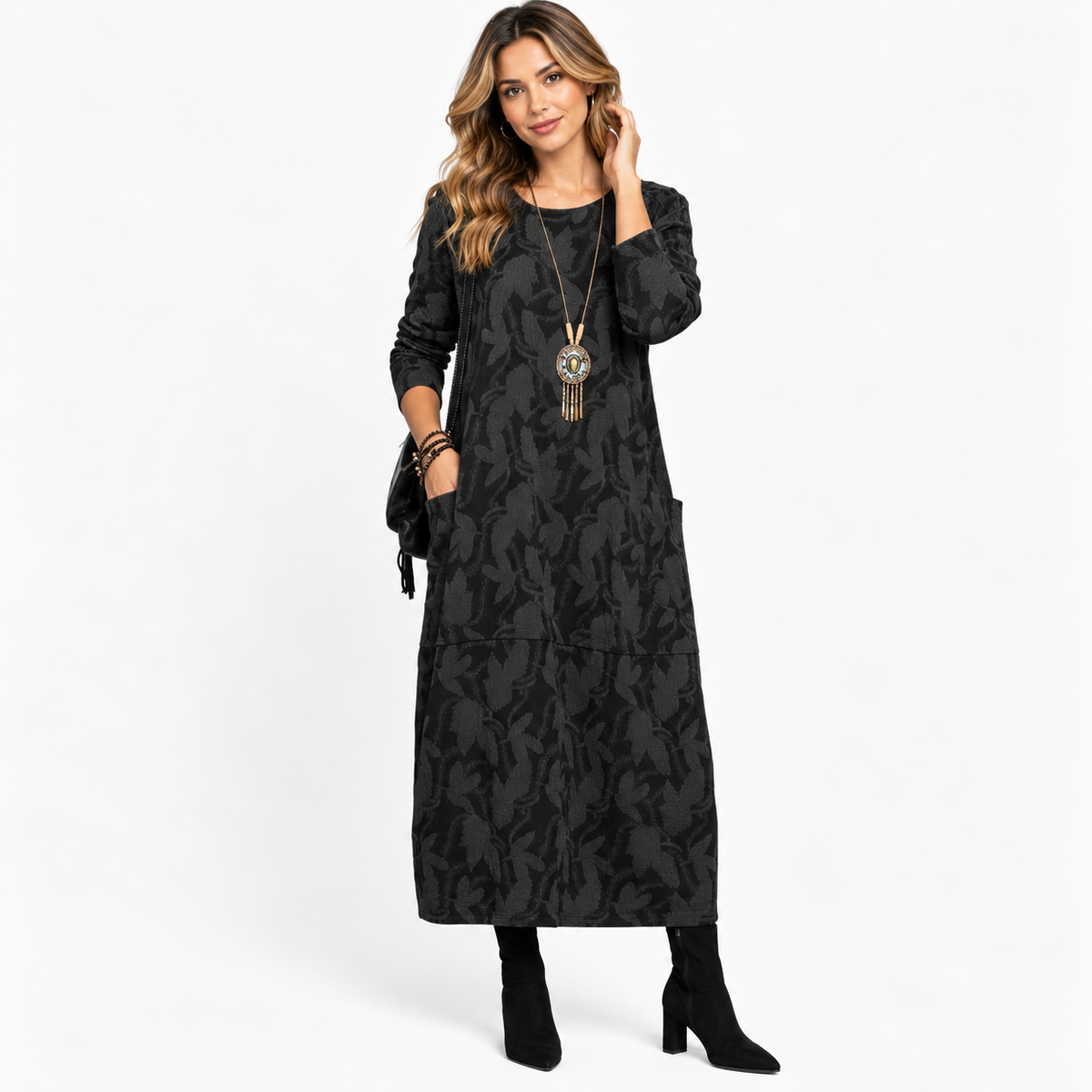 Women's Leaf Print Midi Dress with Pockets - Cressida Marlowe