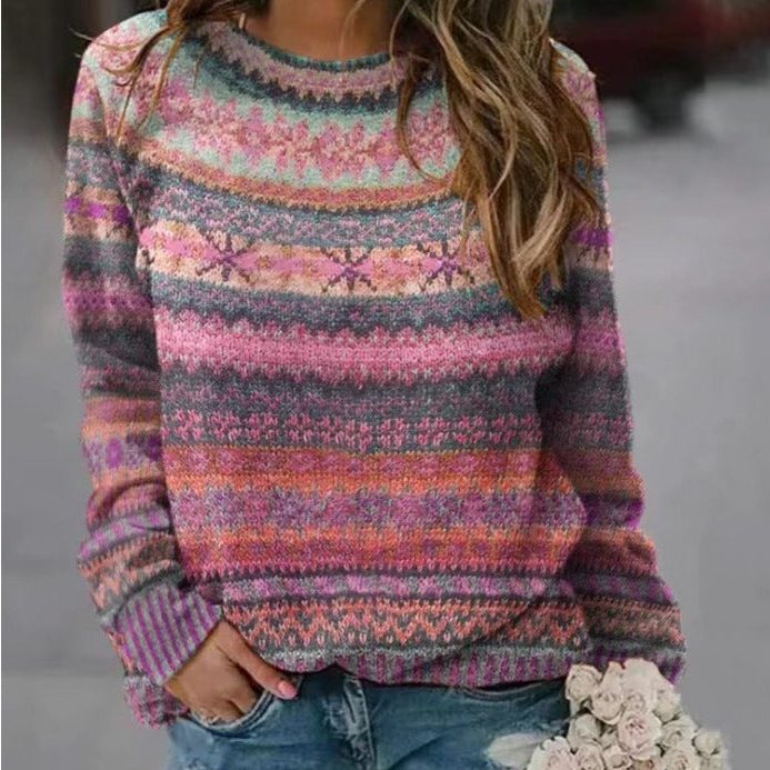 Women's Oversized Fair Isle Sweater, Multicolor Crew Neck Knit