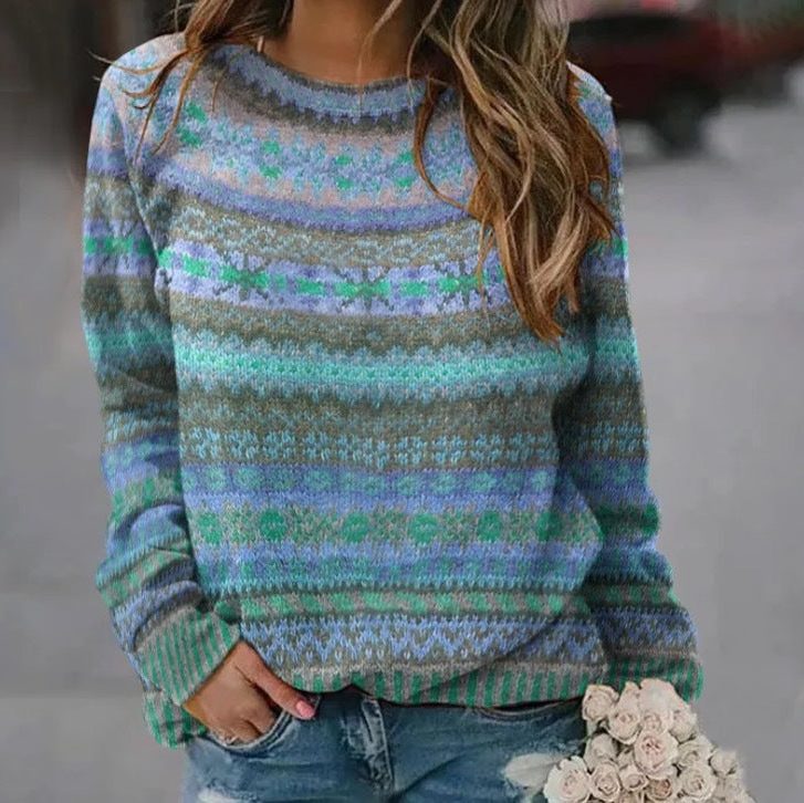 Multicolor Fair Isle crew neck sweater with geometric and floral bands