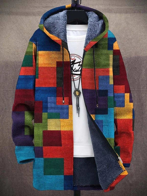Fleece-Lined Hooded Zip Jacket, Geometric Color Block Print