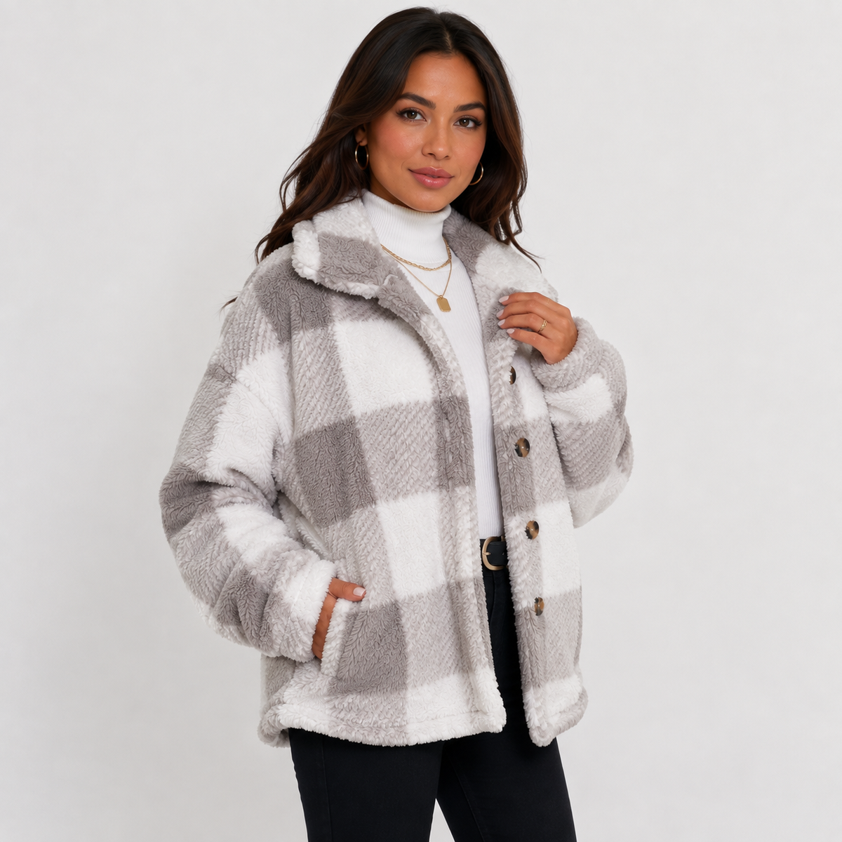 Women's Plaid Plush Jacket, Button Front - Montviro