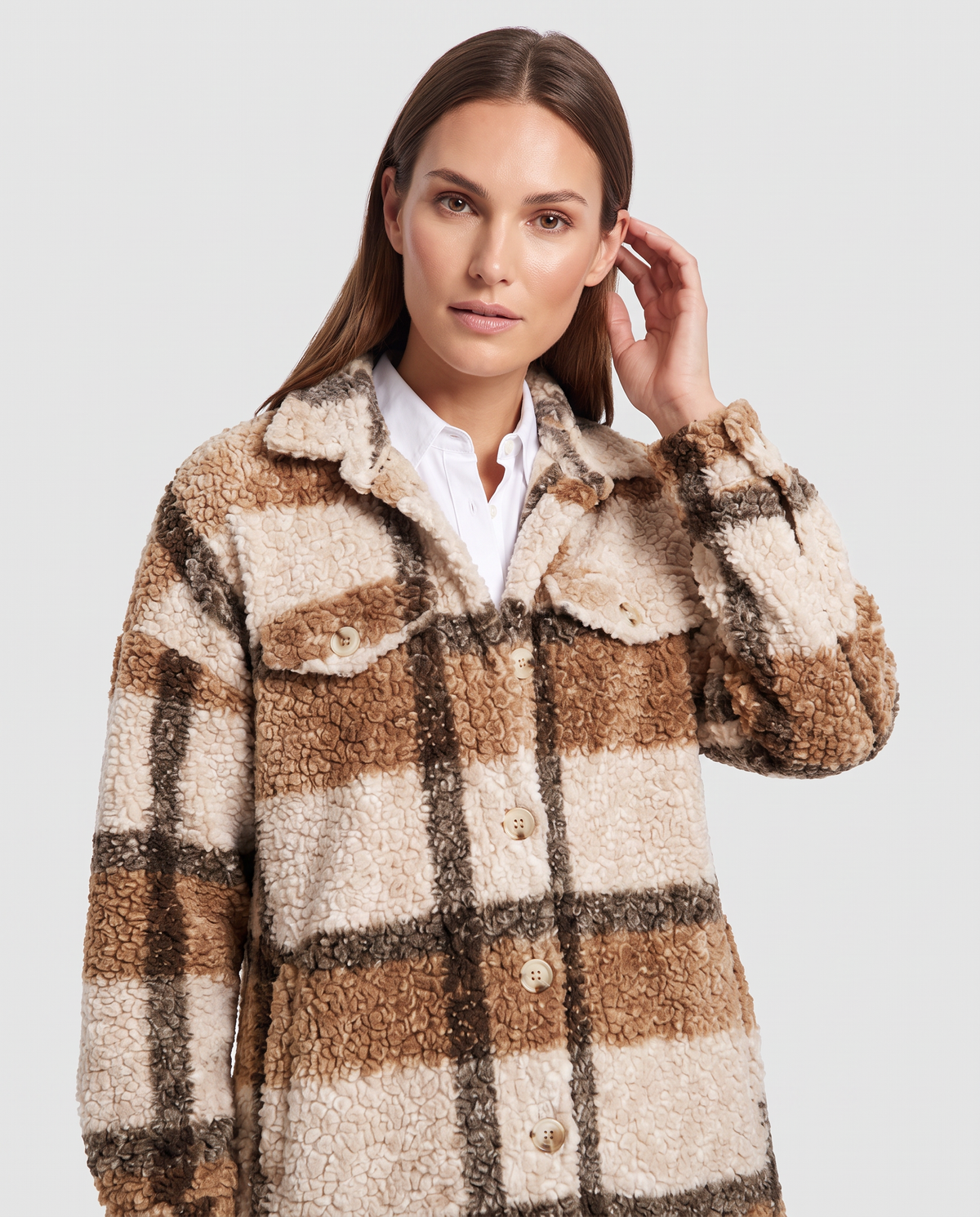 Women's Oversized Plaid Sherpa Shacket, Longline Fit - Amelia