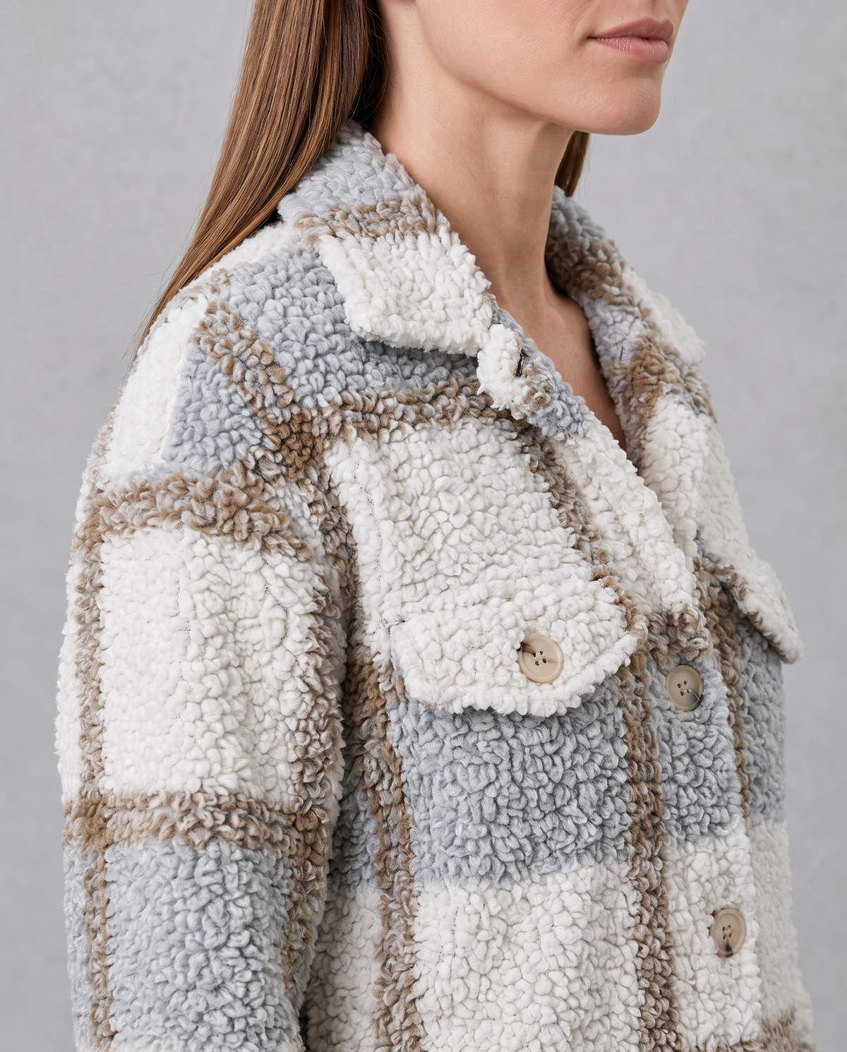 Women's Oversized Plaid Sherpa Shacket, Longline Fit - Amelia