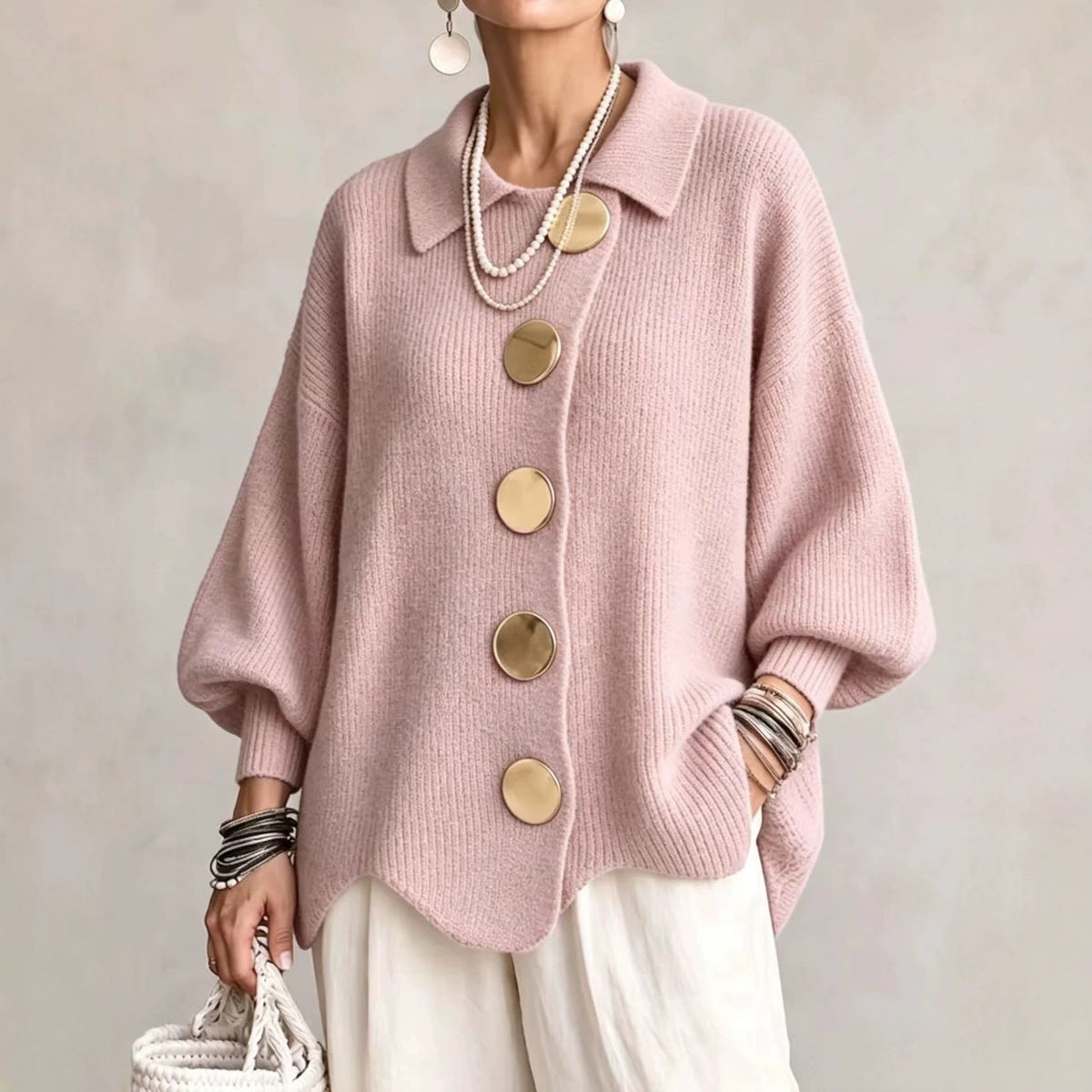 Women's Oversized Cardigan, Collared Ribbed Knit - Isadora