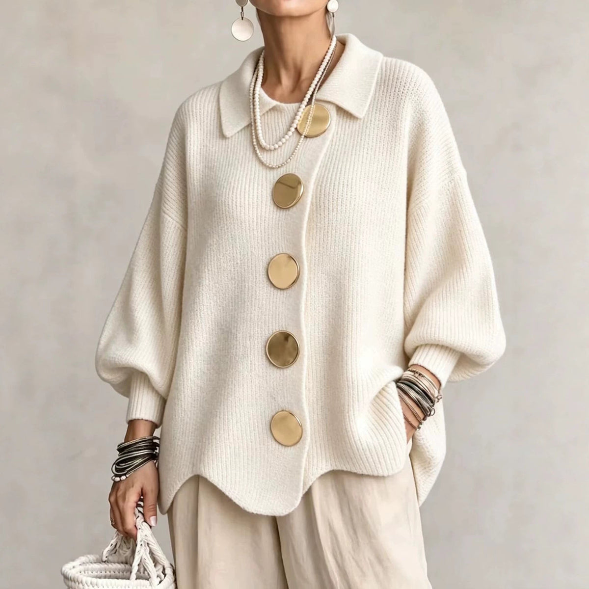 Women's Oversized Cardigan, Collared Ribbed Knit - Isadora