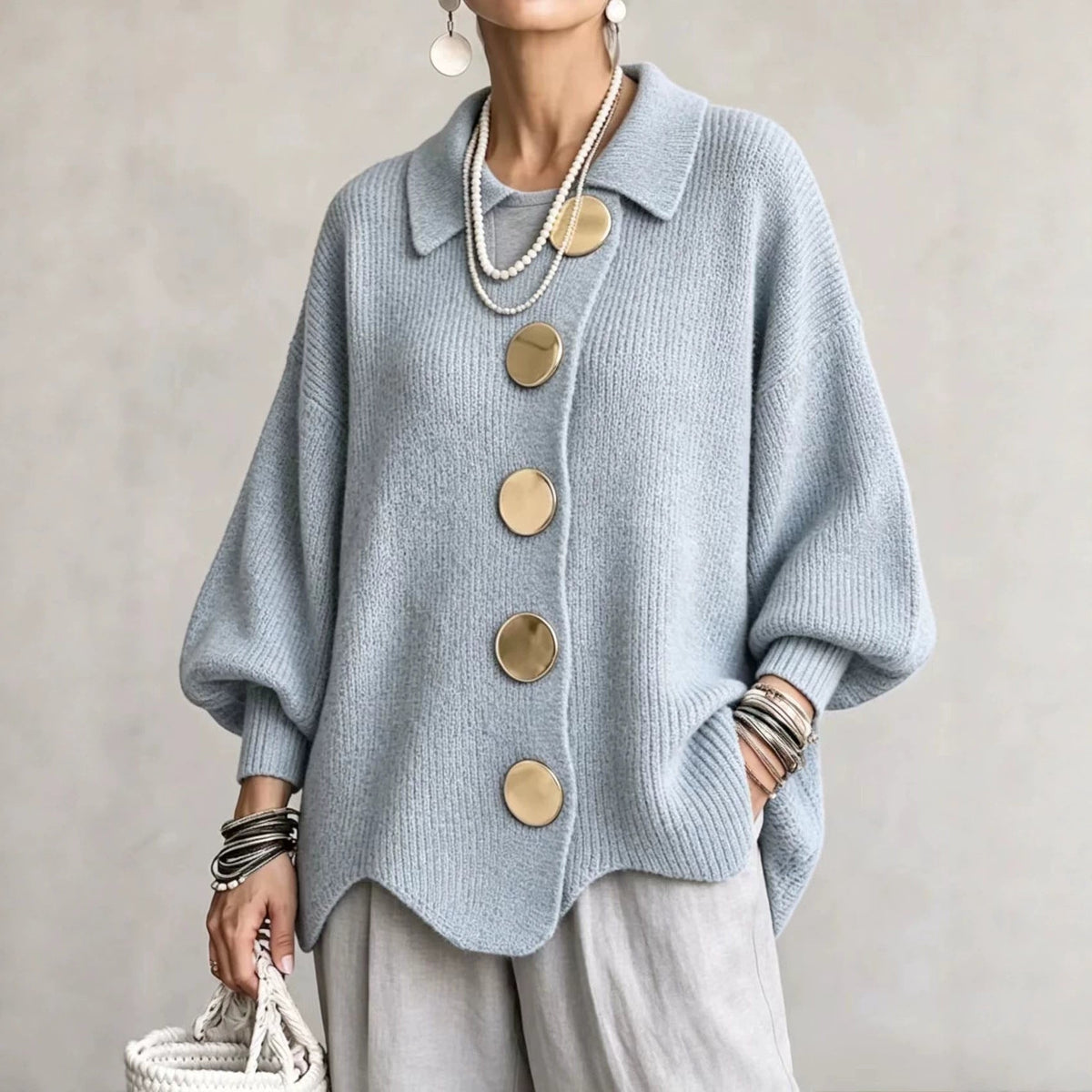 Women's Oversized Cardigan, Collared Ribbed Knit - Isadora