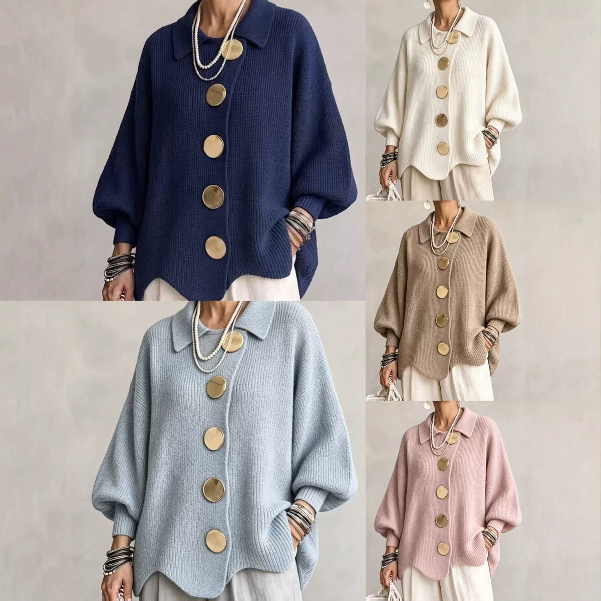 Women's Oversized Cardigan, Collared Ribbed Knit - Isadora
