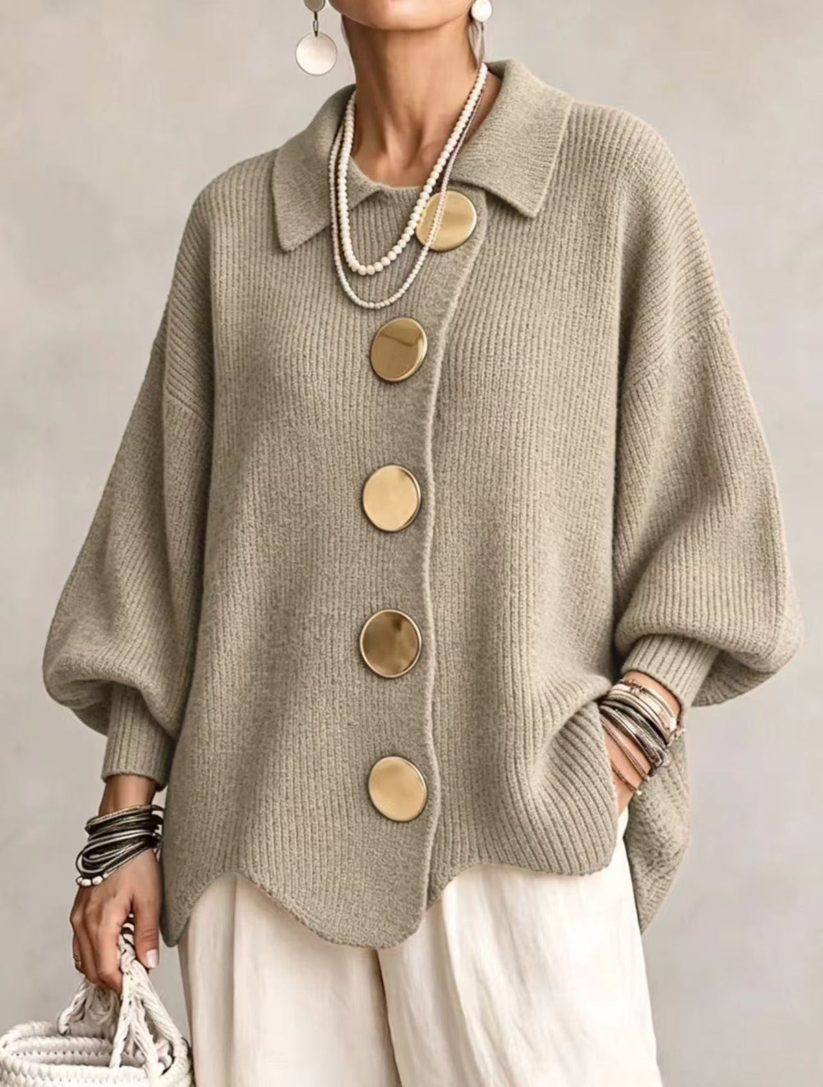 Women's Oversized Cardigan, Collared Ribbed Knit - Isadora