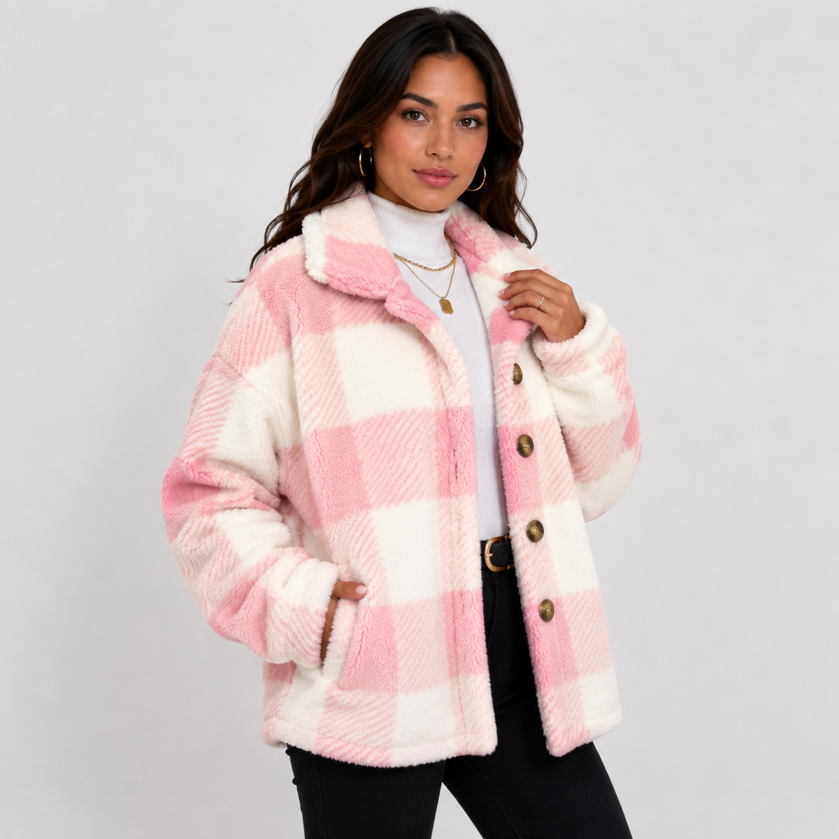 Women's Plaid Plush Jacket, Button Front - Montviro