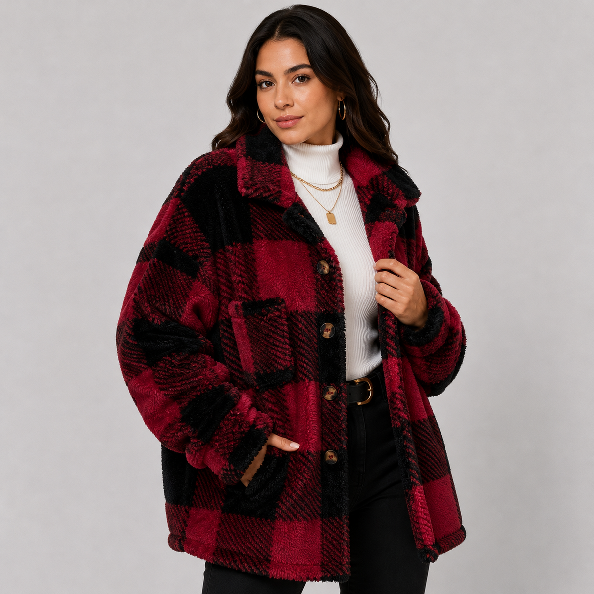 Women's Plaid Plush Jacket, Button Front - Montviro