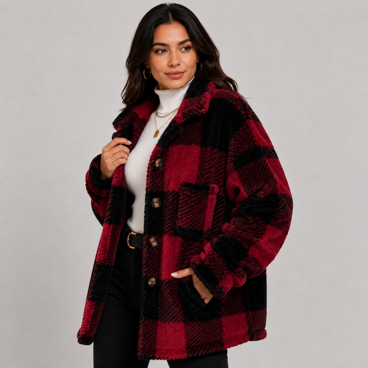 Women's Plaid Plush Jacket, Button Front - Montviro