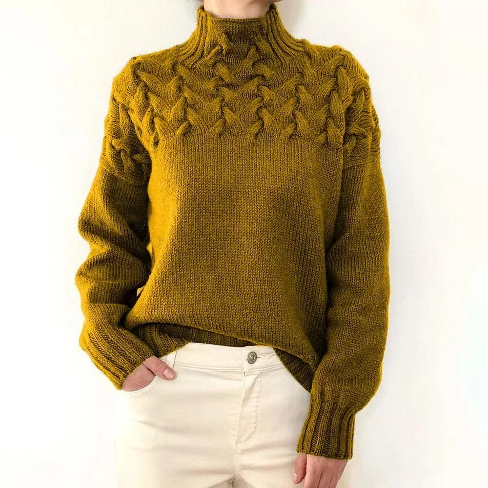 Women's Oversized Turtleneck Sweater, Cable Knit Yoke - Lenora