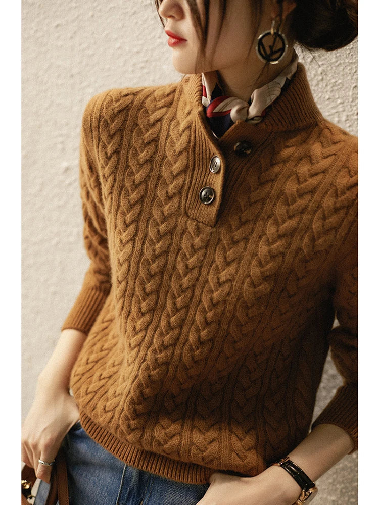 Wool Cashmere Blend Cable Knit Sweater, Button Collar - Arden