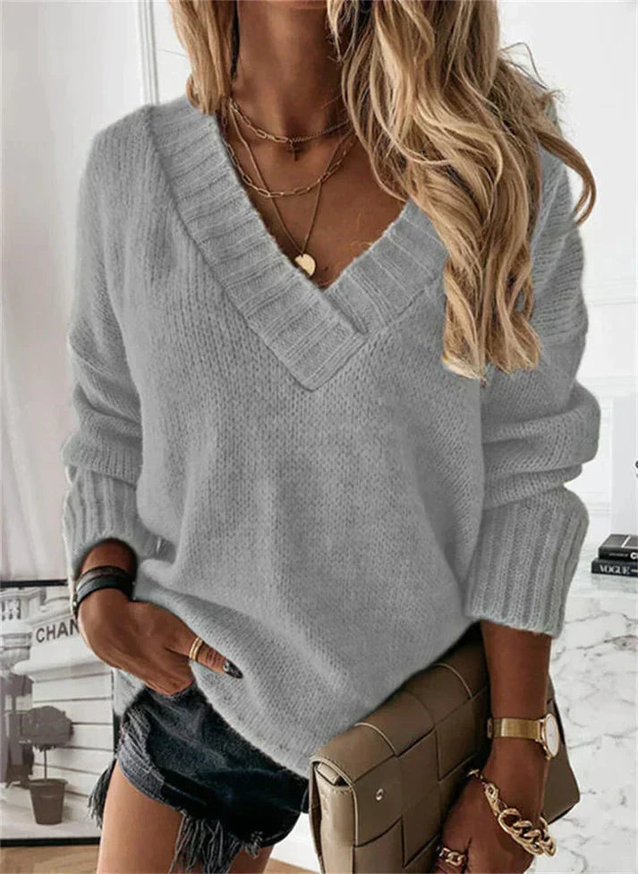 Women's V-Neck Sweater, Soft Brushed Knit with Ribbed Cuffs