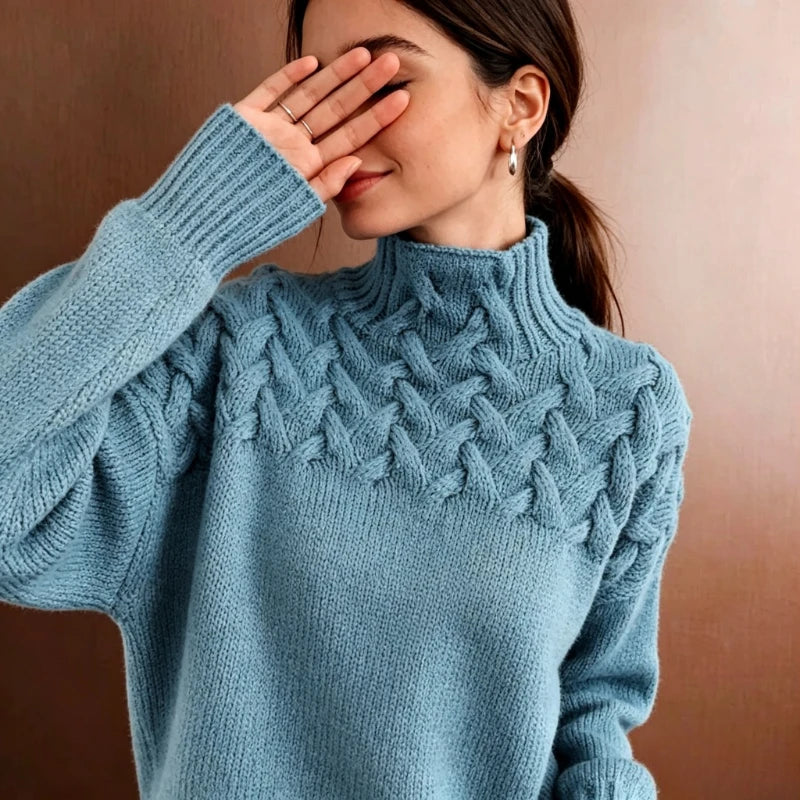 Women's Oversized Turtleneck Sweater, Cable Knit Yoke - Lenora
