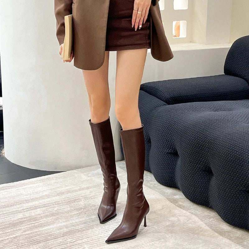 Women's Knee-High Stiletto Boots, Side Zip and Round Toe - Peyton