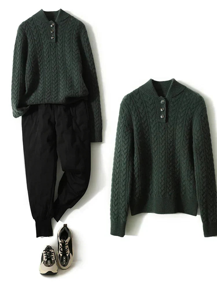 Wool Cashmere Blend Cable Knit Sweater, Button Collar - Arden
