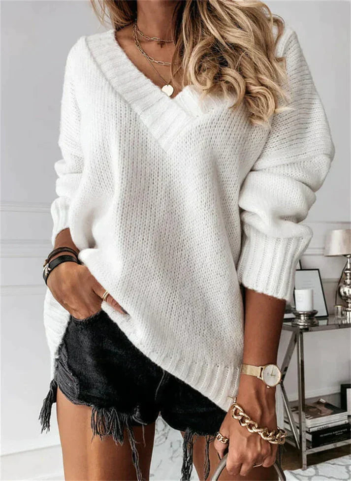 Women's V-Neck Sweater, Soft Brushed Knit with Ribbed Cuffs