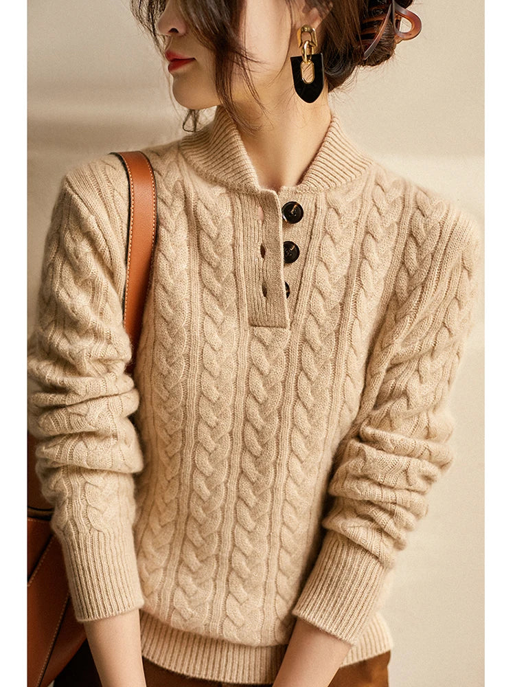 Wool Cashmere Blend Cable Knit Sweater, Button Collar - Arden