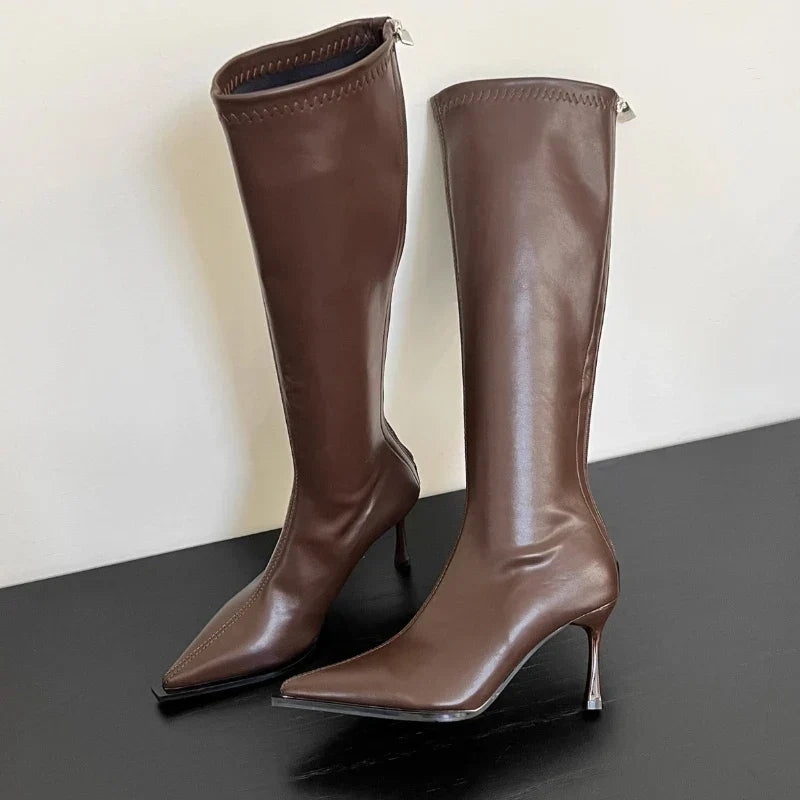 Women's Knee-High Stiletto Boots, Side Zip and Round Toe - Peyton