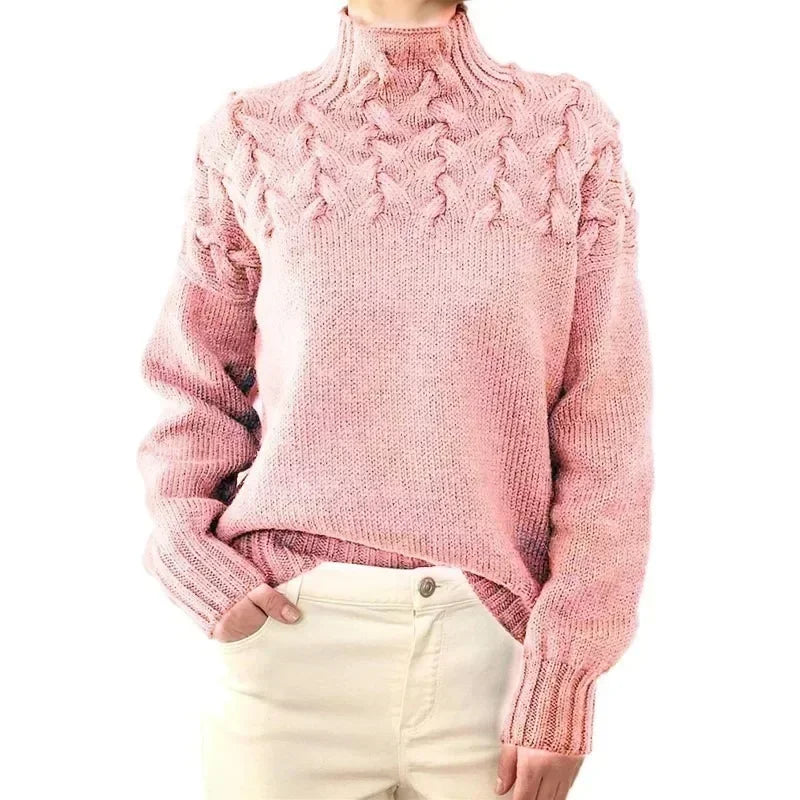 Women's Oversized Turtleneck Sweater, Cable Knit Yoke - Lenora