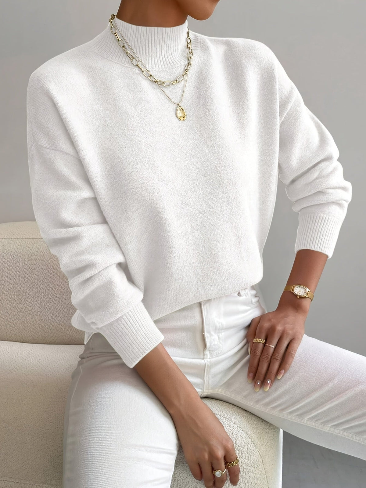 Women's Mock Neck Sweater, Relaxed Fit with Ribbed Cuffs