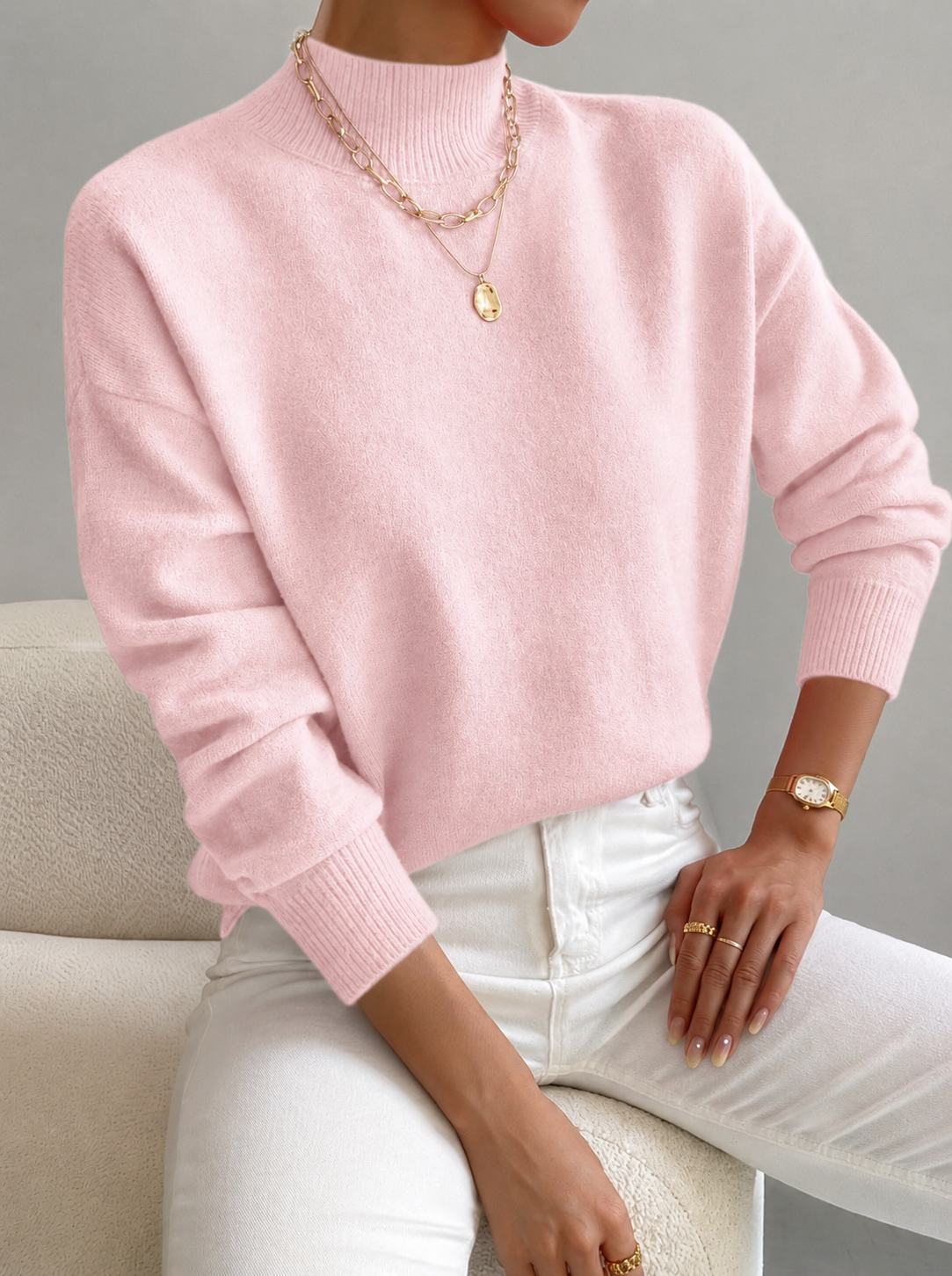 Women's Mock Neck Sweater, Relaxed Fit with Ribbed Cuffs