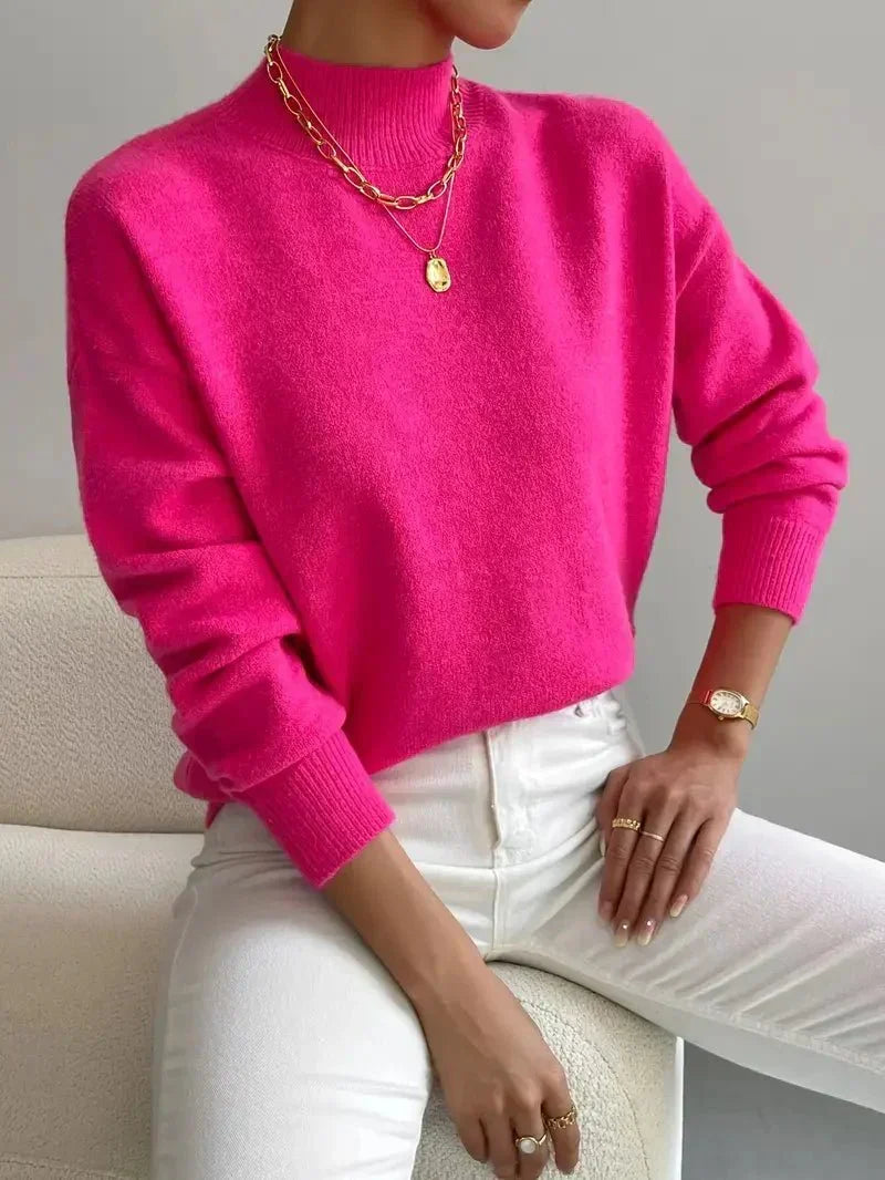 Women's Mock Neck Sweater, Relaxed Fit with Ribbed Cuffs
