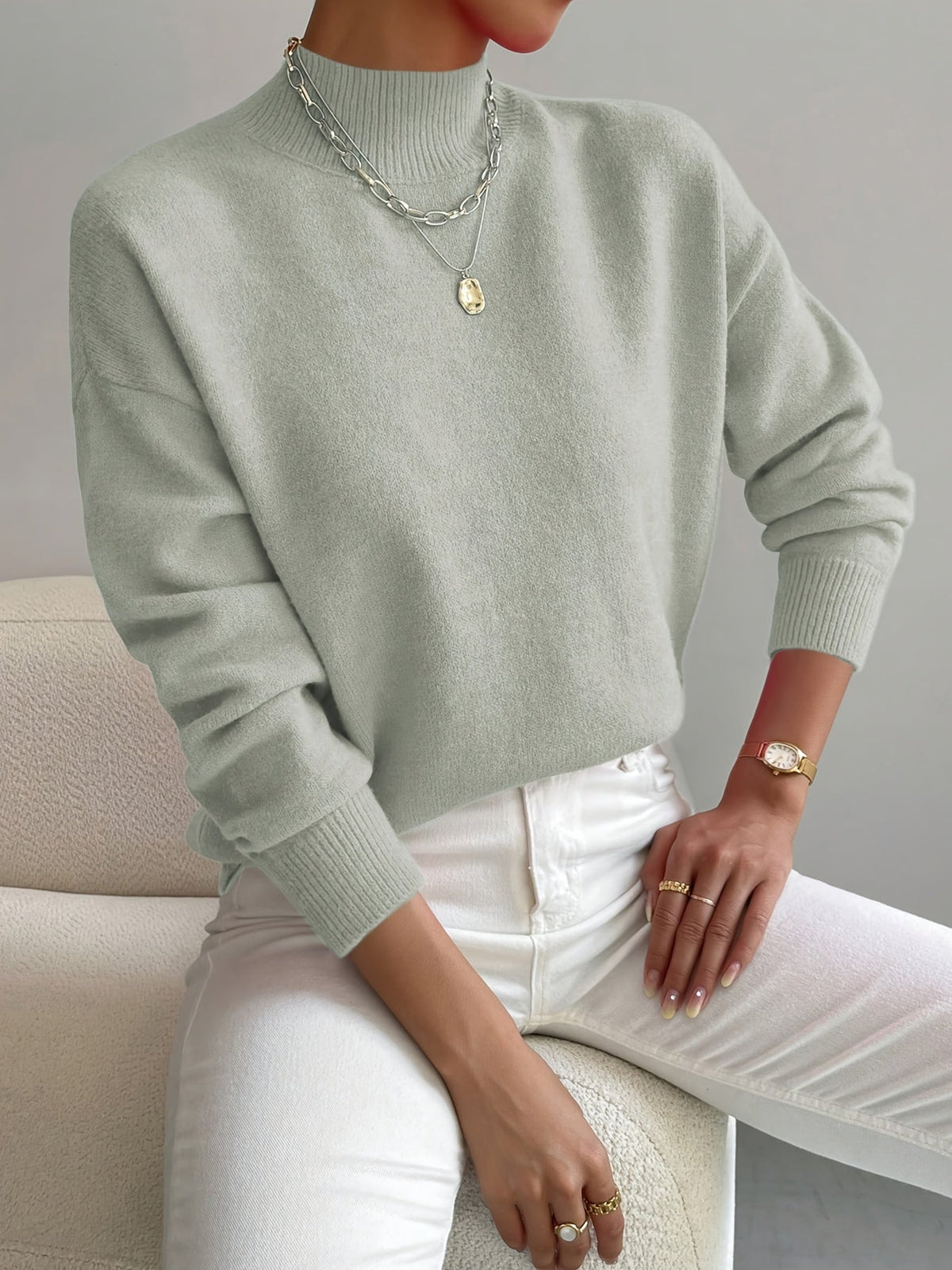 Women's Mock Neck Sweater, Relaxed Fit with Ribbed Cuffs