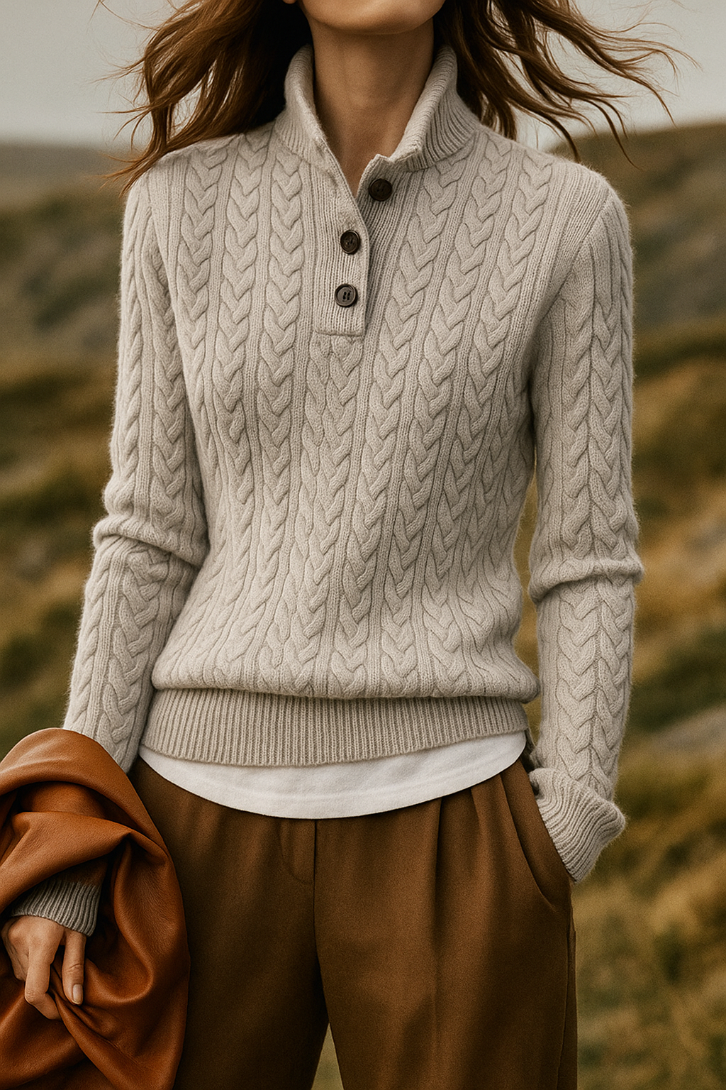 Women's Cable Knit Sweater, Button Neck and Relaxed Fit for Layering