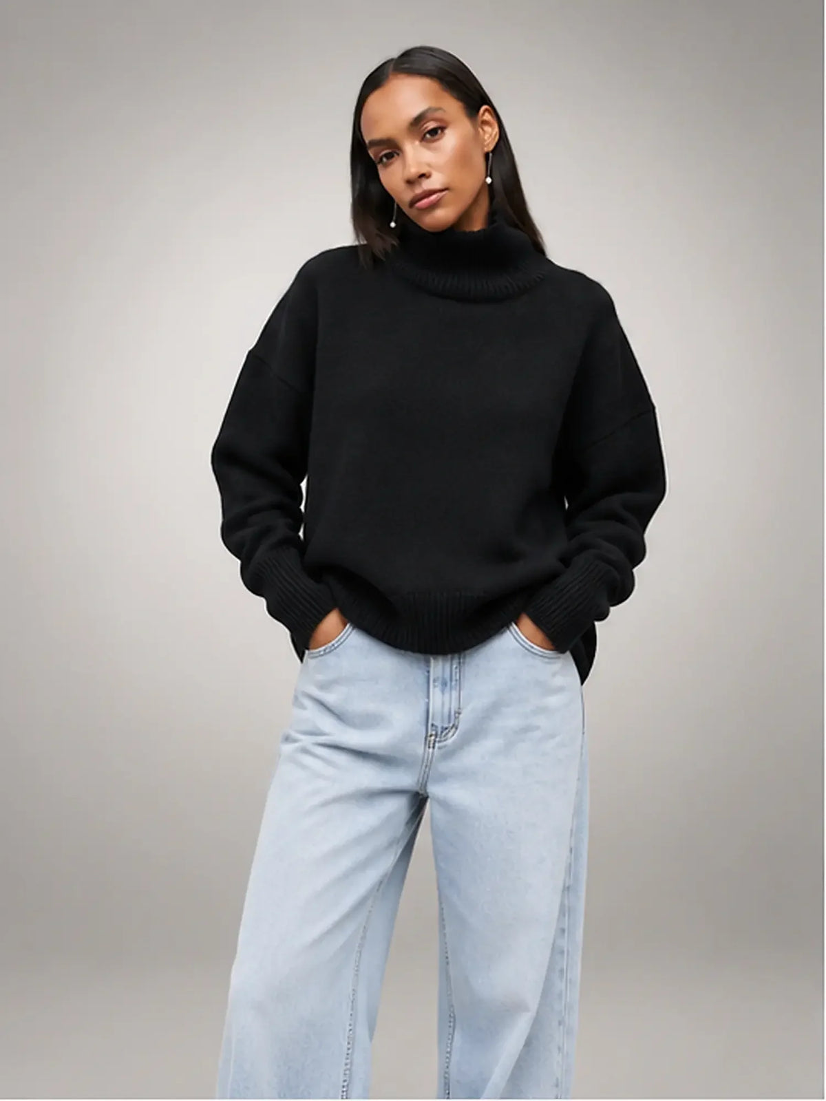 Women's Oversized Turtleneck Sweater, Relaxed Knit and Long Sleeves