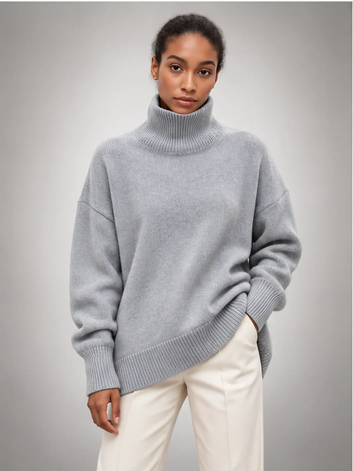 Women's Oversized Turtleneck Sweater, Relaxed Knit and Long Sleeves