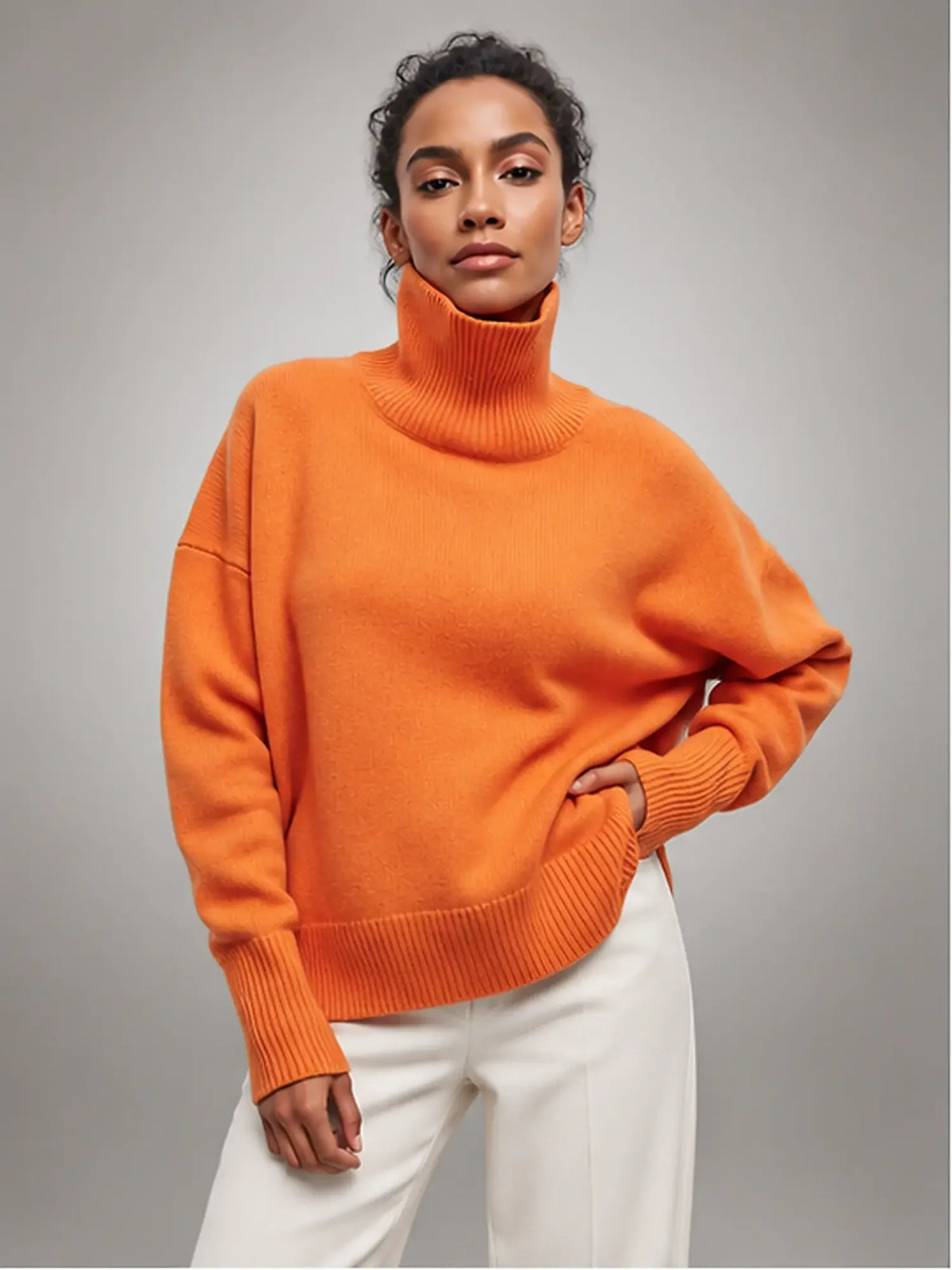 Women's Oversized Turtleneck Sweater, Relaxed Knit and Long Sleeves