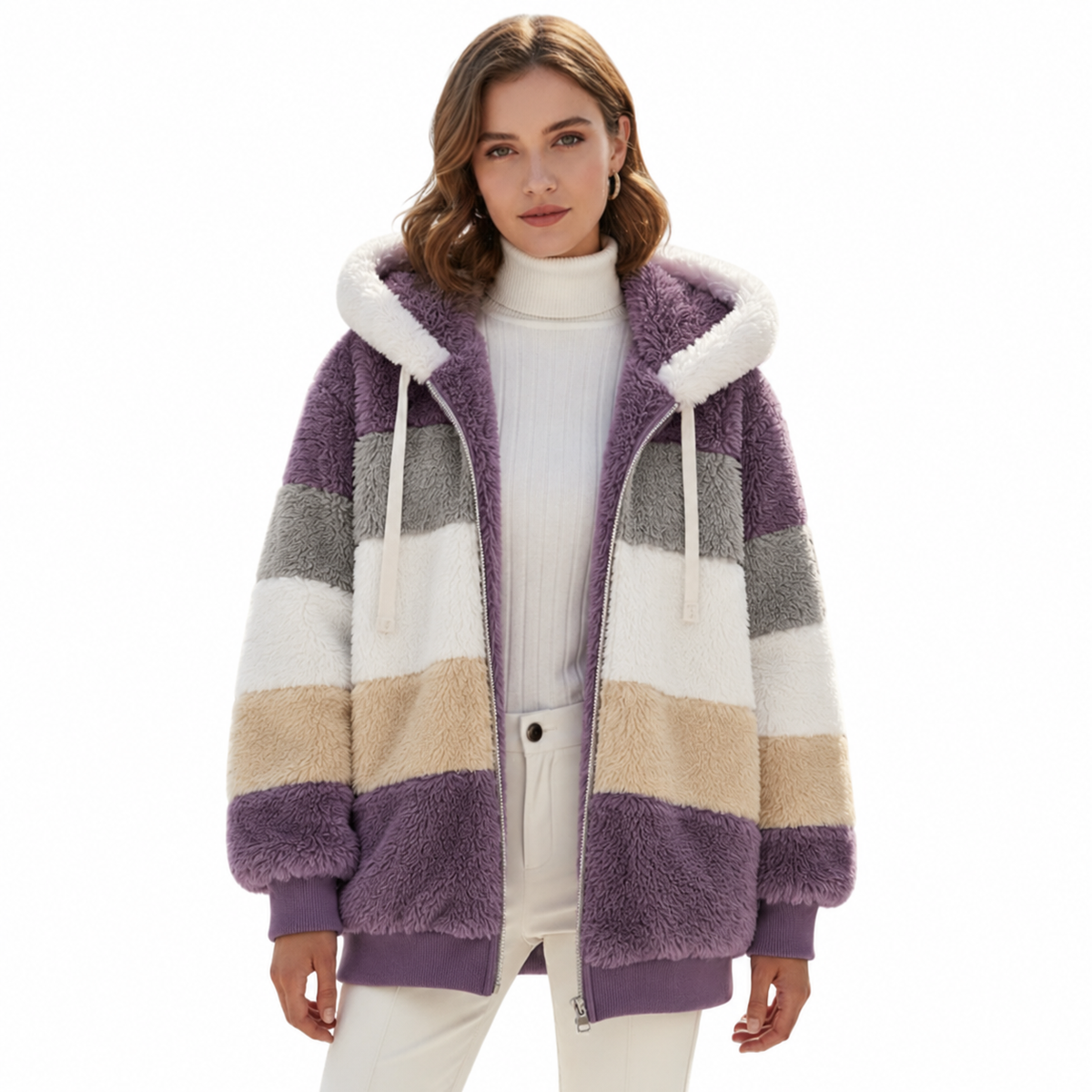 Women's Color Block Teddy Jacket, Hooded Zip-Up - Yvana