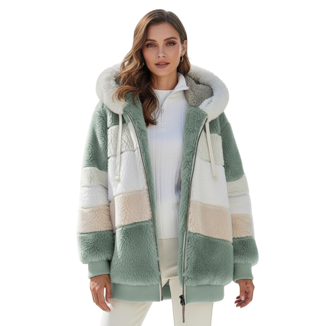 Women's Color Block Teddy Jacket, Hooded Zip-Up - Yvana