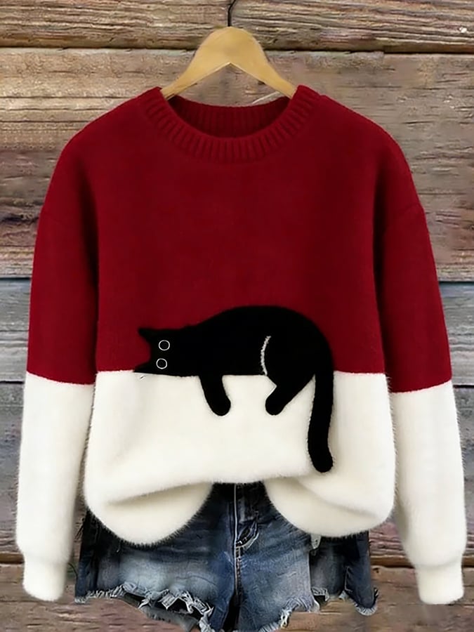 Women's Graphic Sweater, Cat Design and Color Block Knit - Caitlin