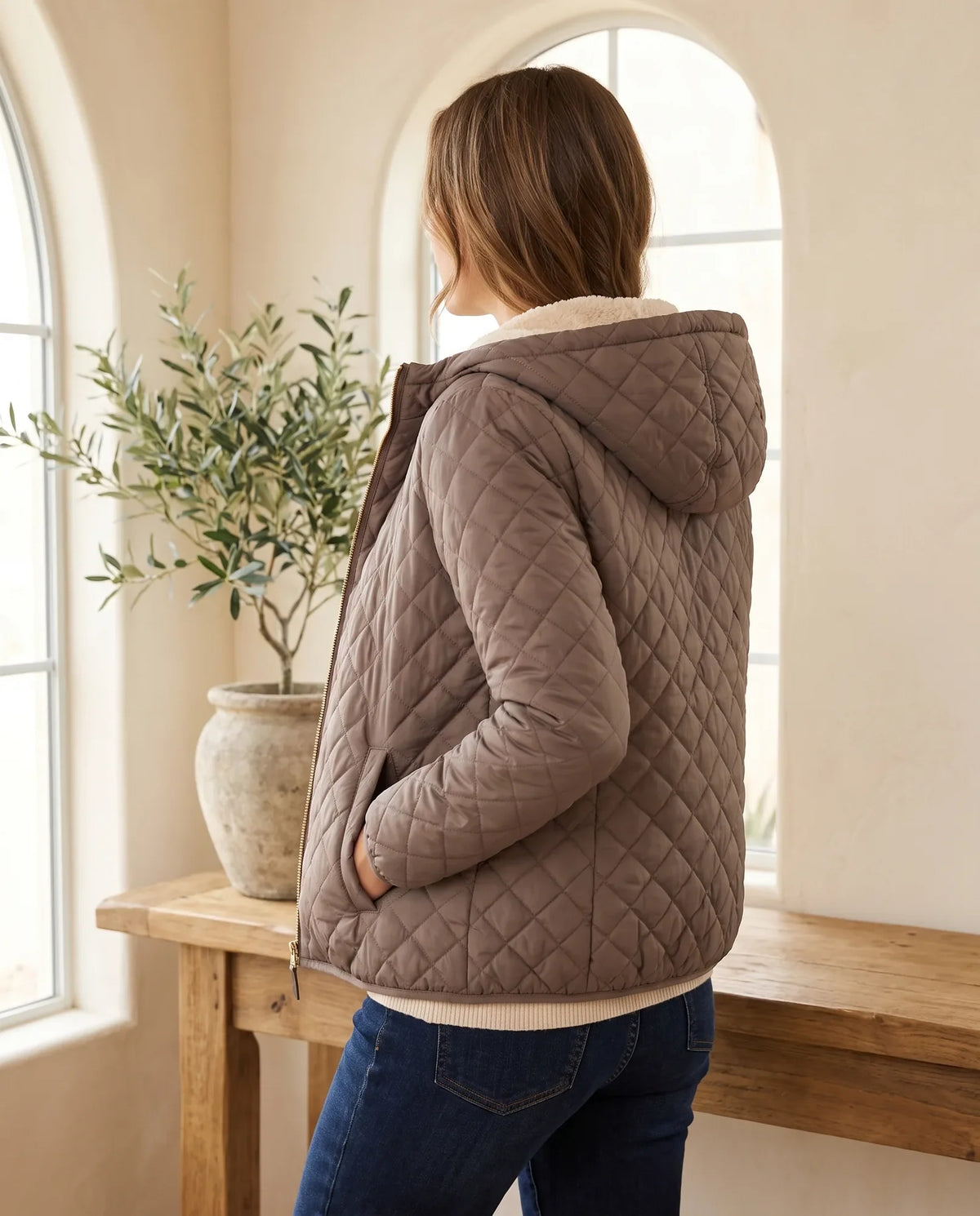 Taupe Freya Women's Quilted Puffer Jacket