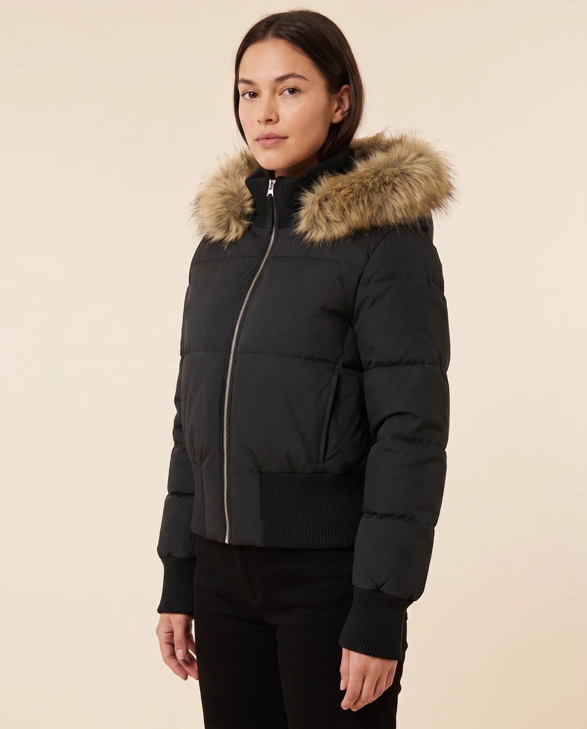Bella Puffer Jacket for Women - Hooded Ribbed Cuff Zip-Up