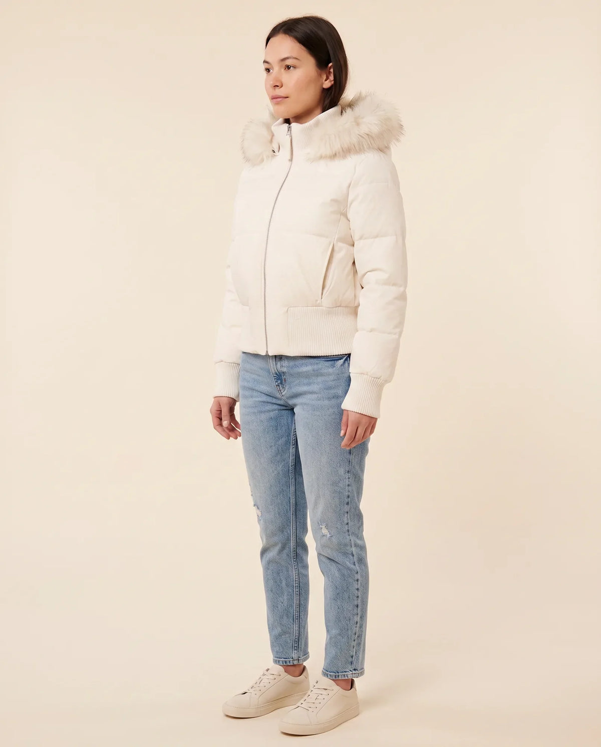 Bella Puffer Jacket for Women - Hooded Ribbed Cuff Zip-Up