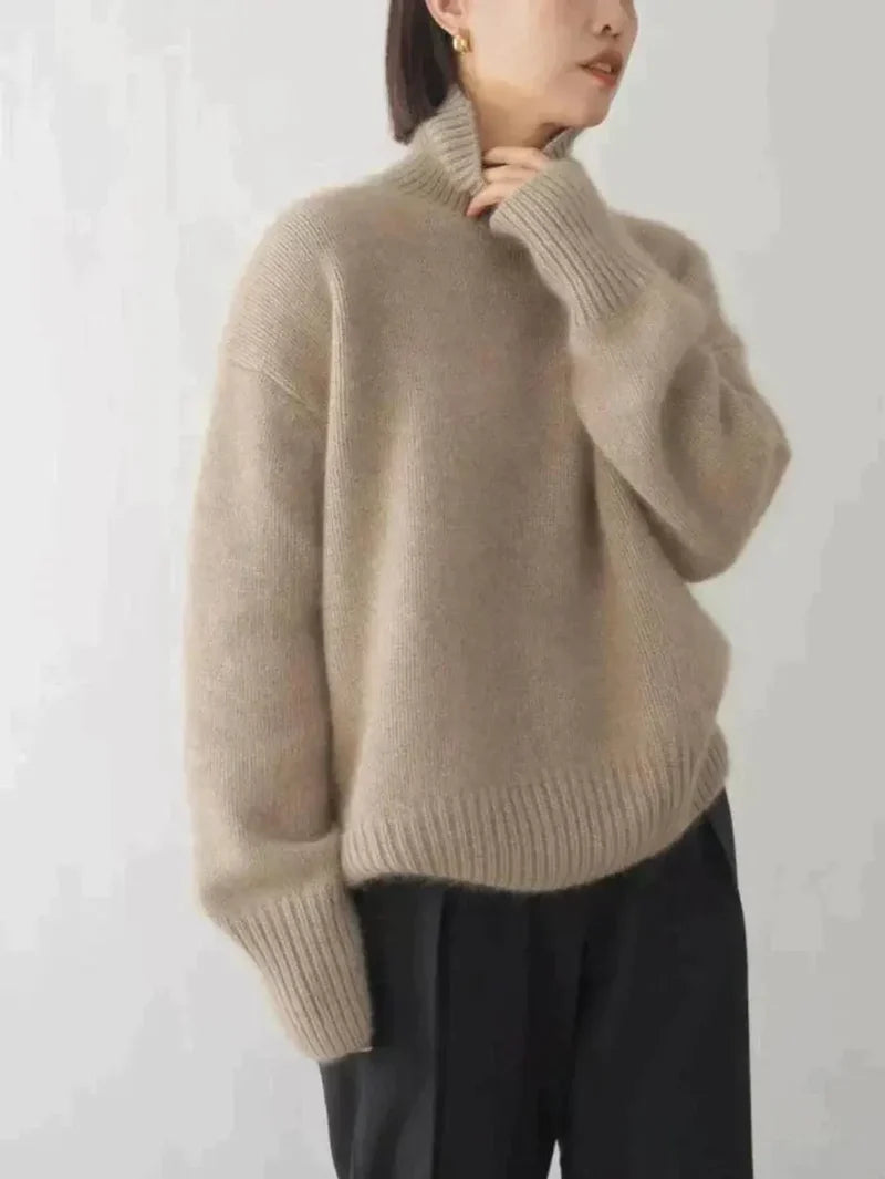 Women's oversized turtleneck knit sweater in taupe