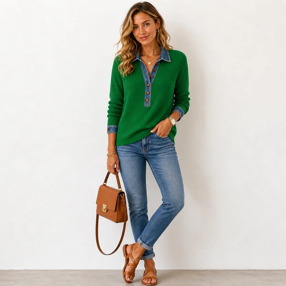 Color Block Waffle Knit Henley Sweater, Relaxed Fit