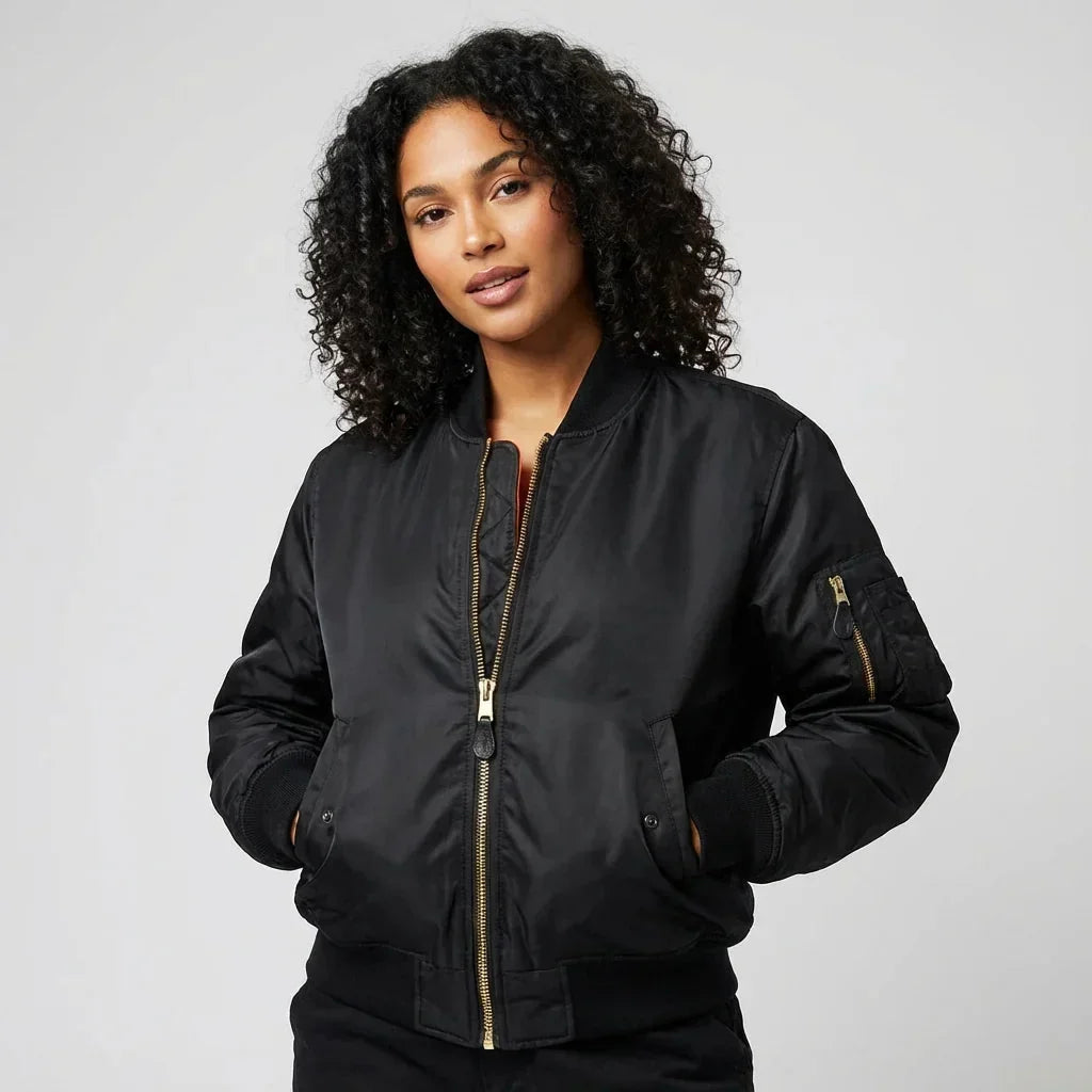 Black MA-1 zip-front bomber jacket with utility sleeve pocket